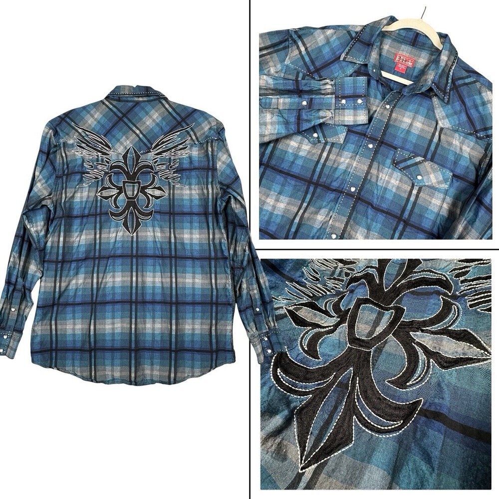 Red Ranch Pearl Snap‎ Shirt XL Blue Affliction Style Embroidered Y2K Western